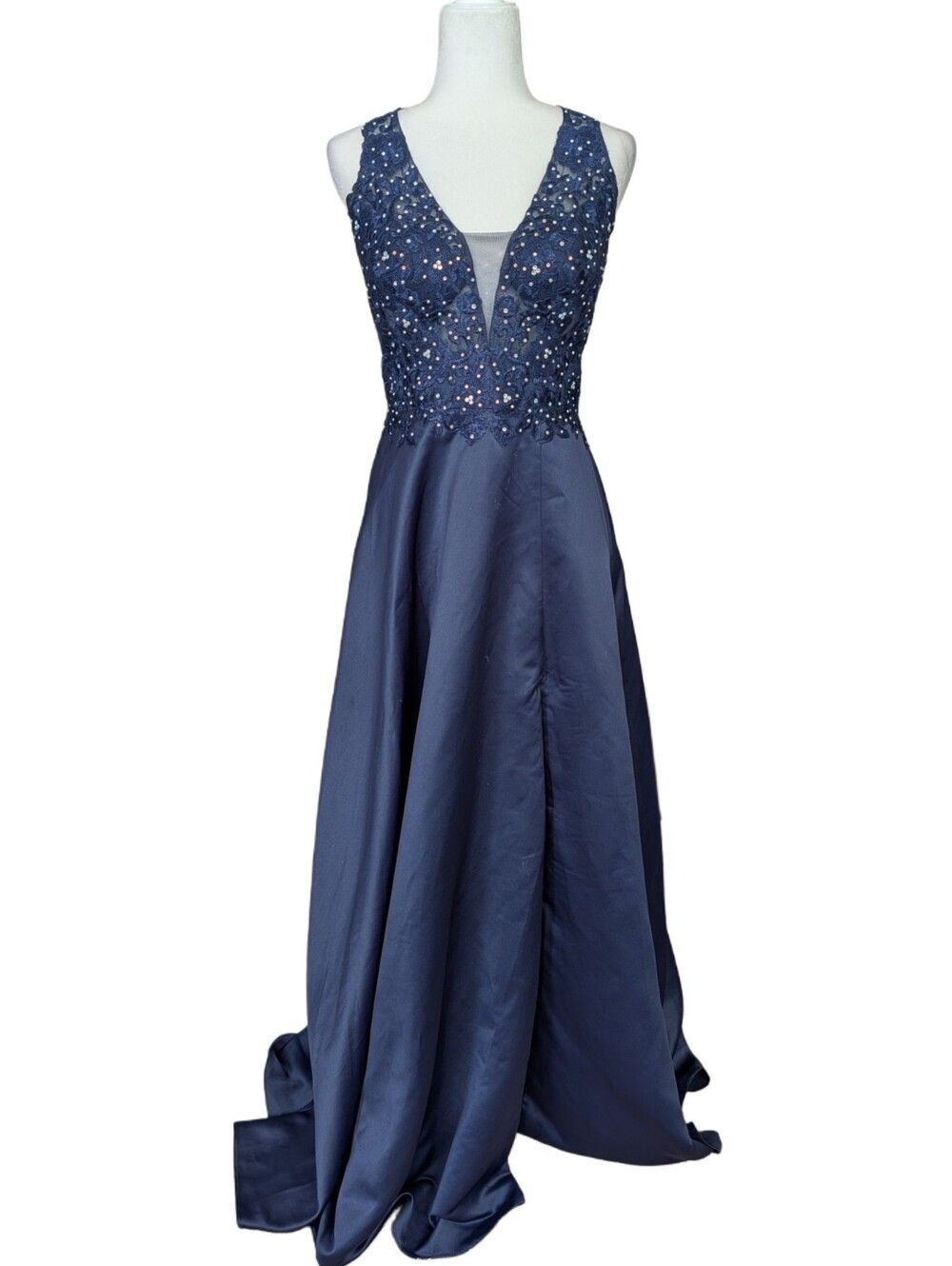 Blondie Nites Stacy Sklar Womens Navy Blue Beaded Deep V Prom Dress Gown Size 7